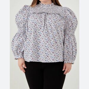 English Factory Floral Smocked Blouse - White and Blue